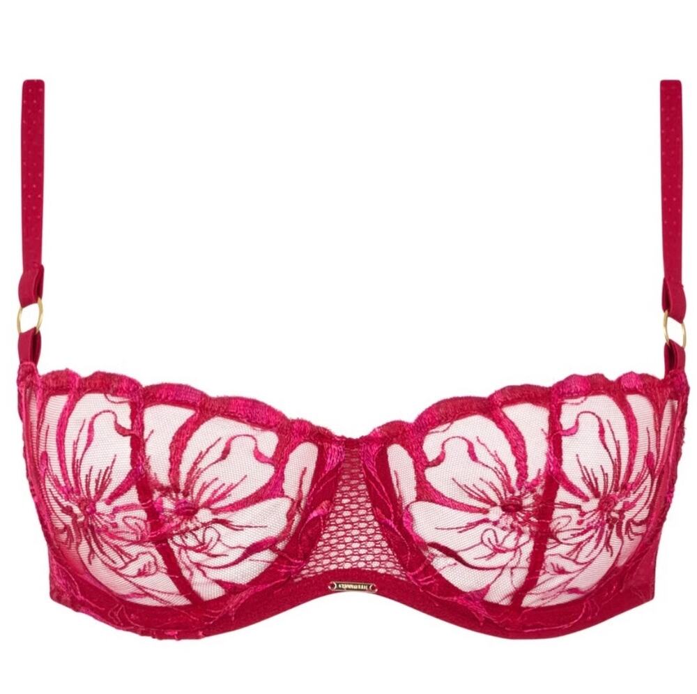 Chantelle $125 Fleur Demi Lace Floral Bra in Red Candy Apple Size 36DD